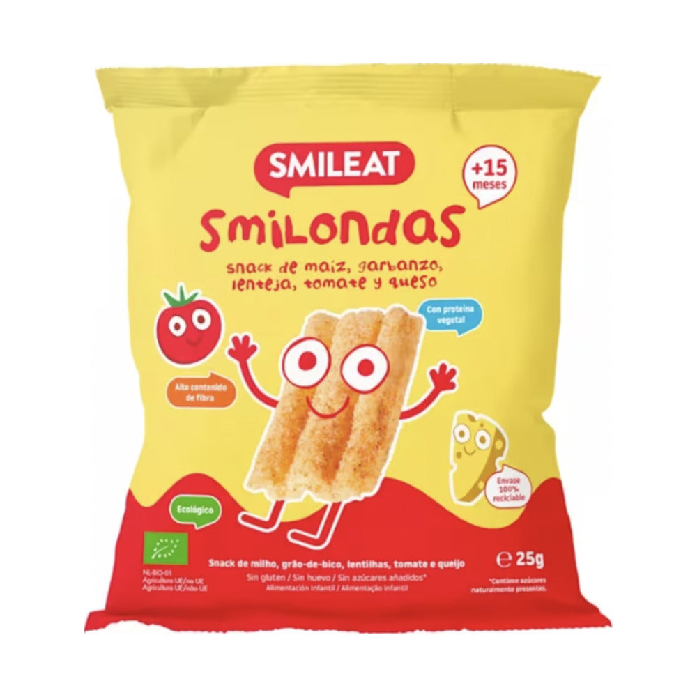 SMILEAT SMILONDAS ECO SNACK 1 ENVASE 25 G SABOR MAIZ GARBANZO LENTEJA TOMATE Y QUESO